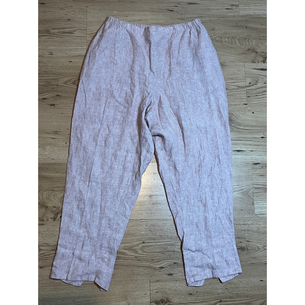 FLAX Linen Pants Womens M Rose Pull On Elastic Pockets Hem Slit Straight Leg - Picture 2 of 12
